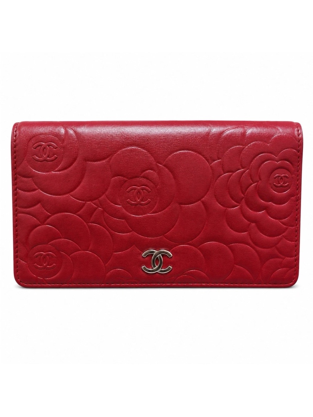 Chanel Camellia Lambskin Long Wallet Red CC Flap Wallet Authenticated